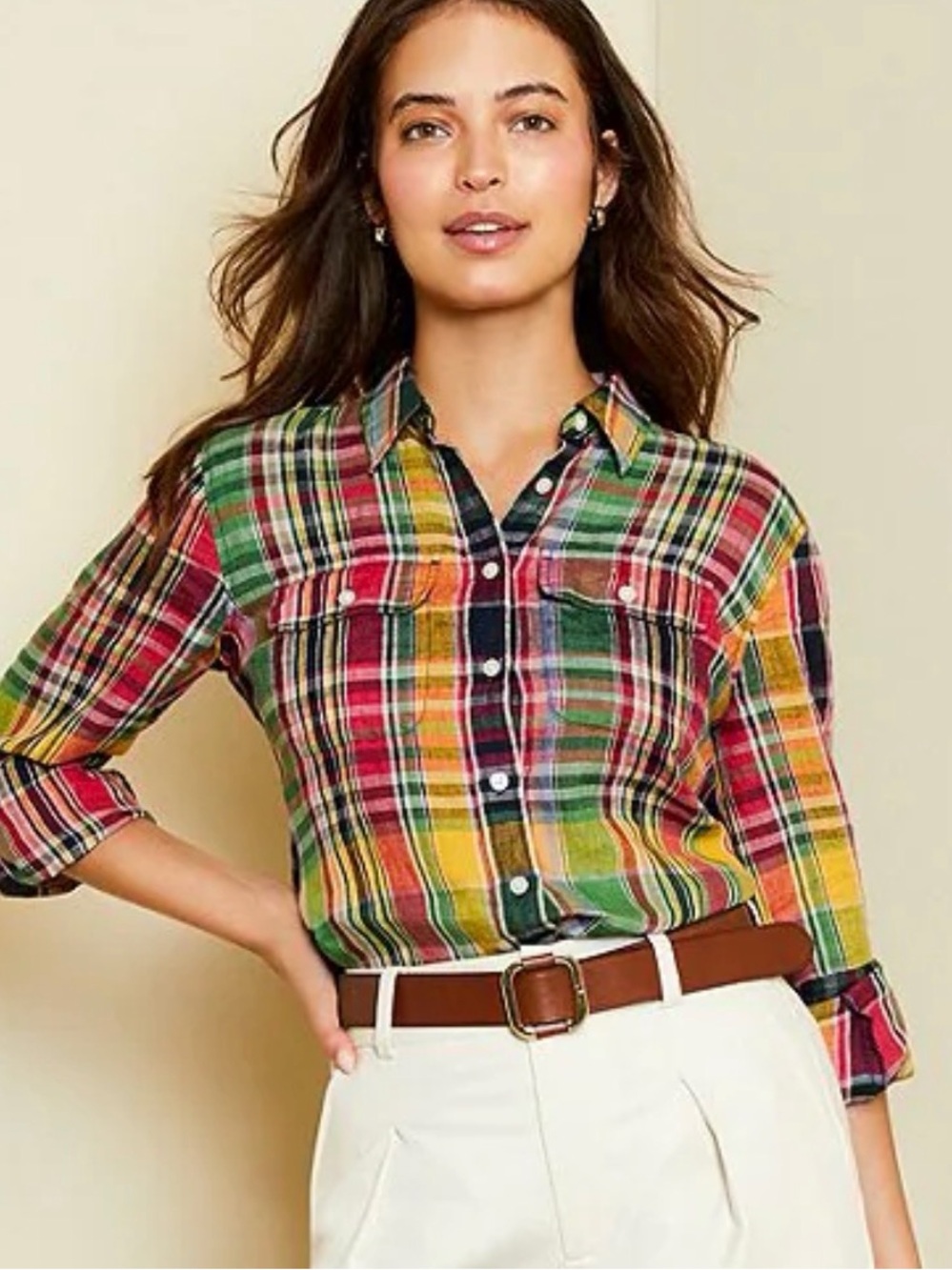 Ralph Lauren Linen Madras Plaid Blouse Size SP